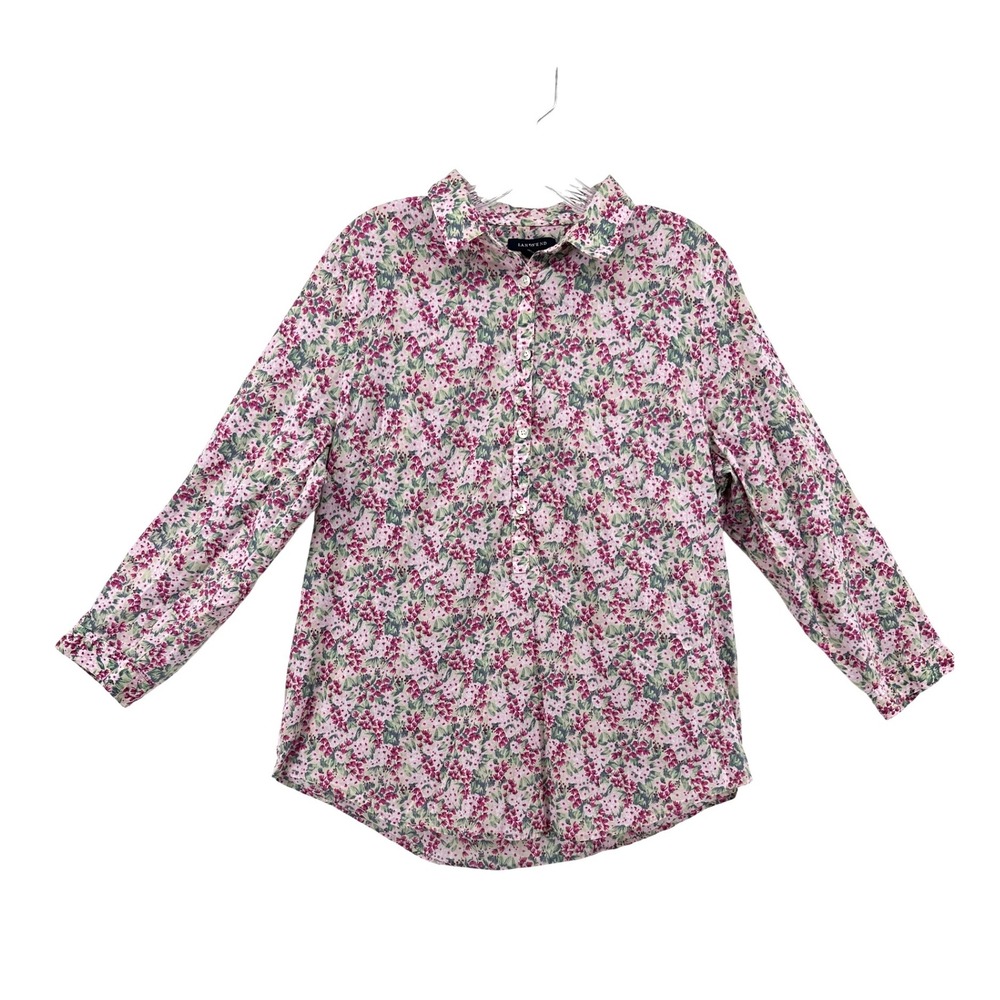 Lands End Pink Floral Cotton Button Down Shirt Womens 14 Cottagecore Prairie